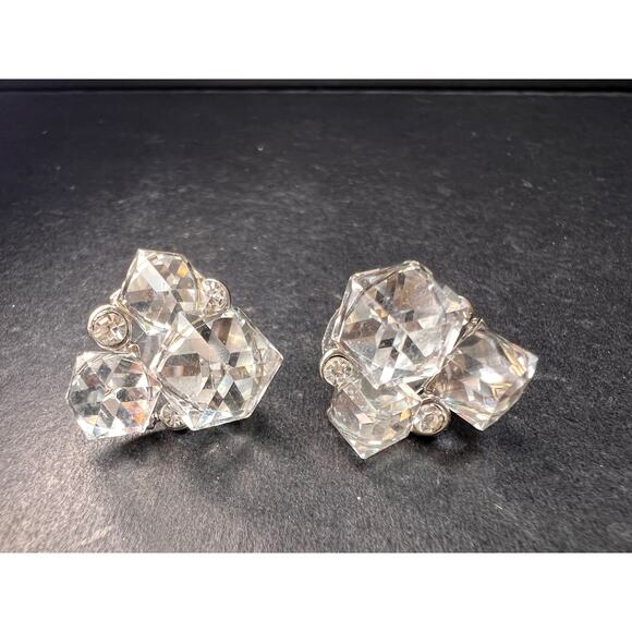 Vintage Silver Tone Crystal Cube Rhinestone Cluster Earrings - Picture 11 of 14